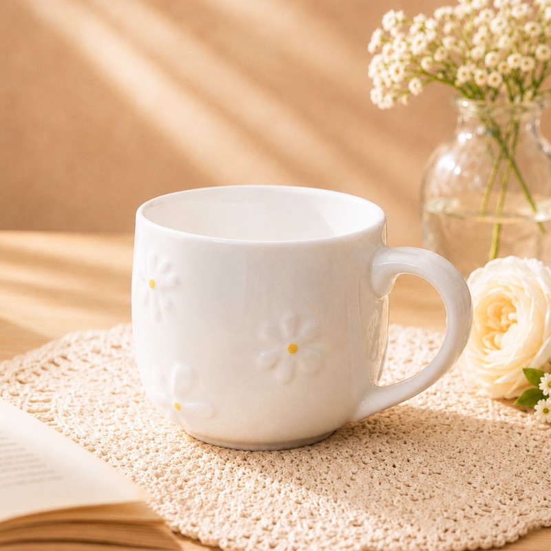 Cană de cafea din ceramică cu margaretă în relief