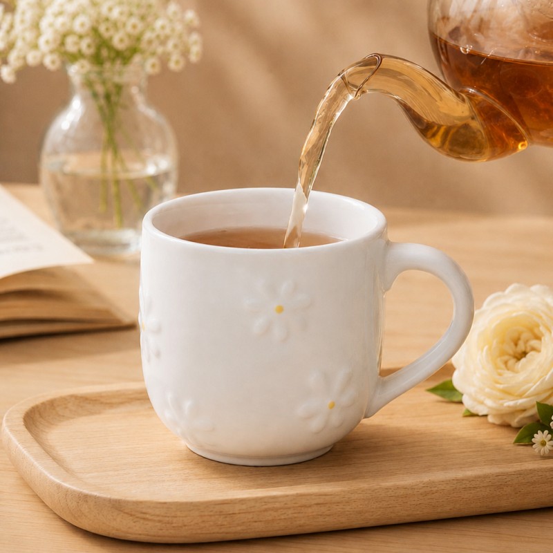 Cană de cafea din ceramică cu margaretă în relief