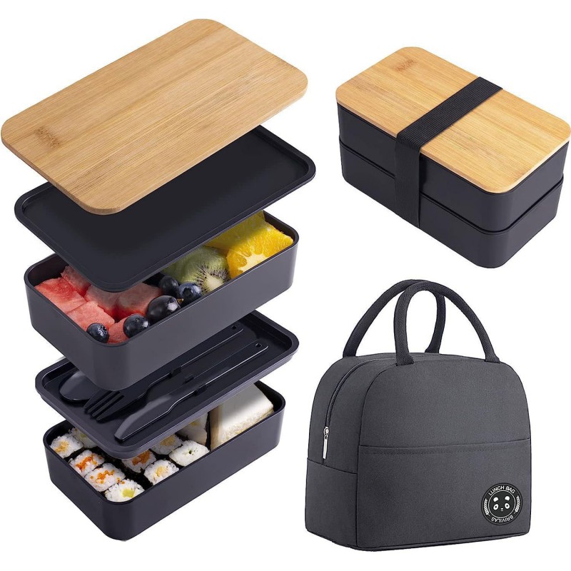 Set cutie de prânz Bento cu capac dublu din bambus