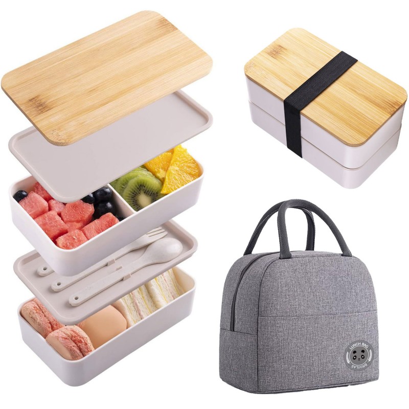 Set cutie de prânz Bento cu capac dublu din bambus