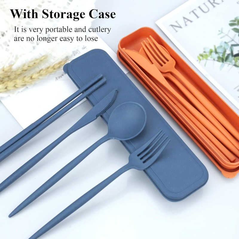 Set de ustensile portabile cu paie de grâu cu carcasă de depozitare