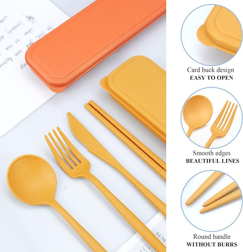 Set de ustensile portabile cu paie de grâu cu carcasă de depozitare Set de ustensile portabile cu paie de grâu cu carcasă de depozitare