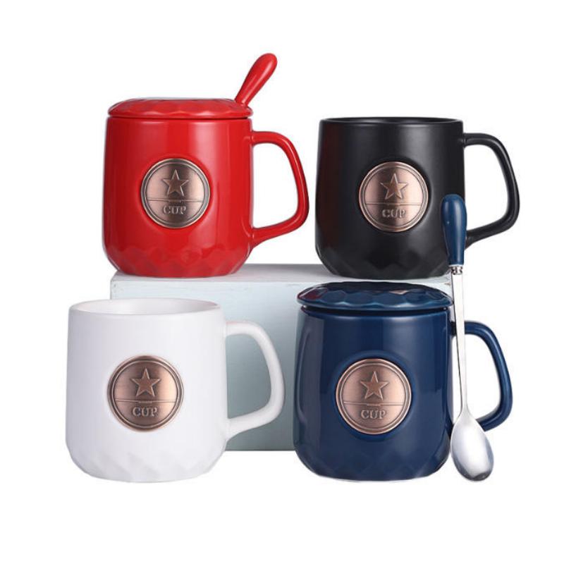 Star Metal Badge Cană De Cafea Ceramică 400ml Cu Capac Și Lingură