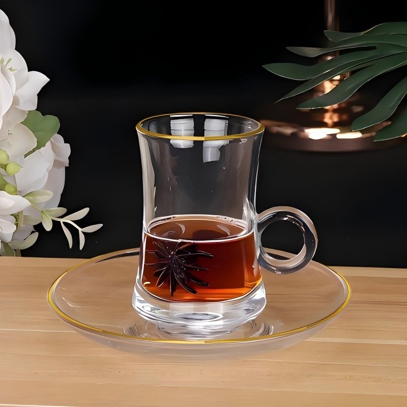 Ceașă de ceai din sticlă cu mâner inel cu imprimeu vintage Ceașă de ceai din sticlă cu mâner inel cu imprimeu vintage