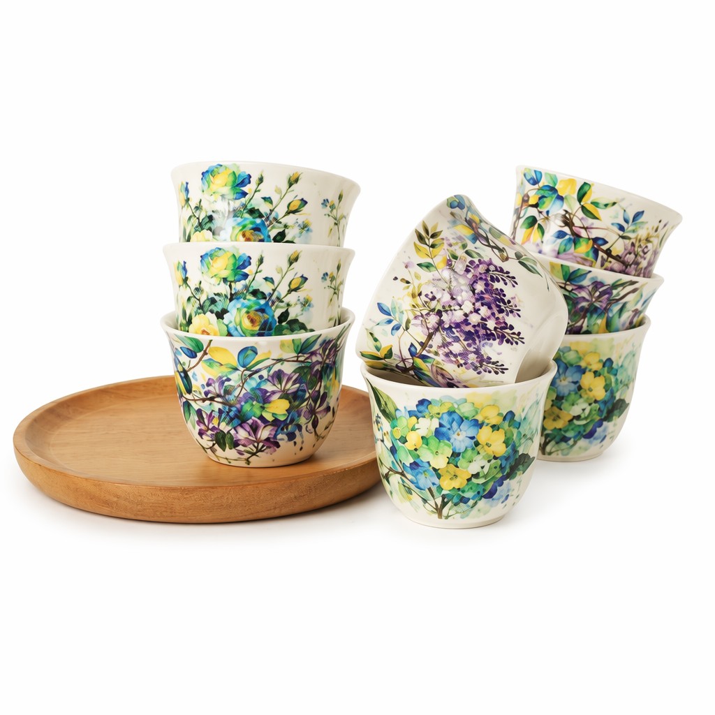 Set de cadou 8 buc din ceramică florală acuarelă pentru servirea ceaiului