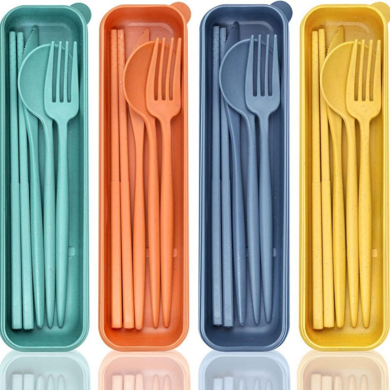 Set de ustensile portabile cu paie de grâu cu carcasă de depozitare Set de ustensile portabile cu paie de grâu cu carcasă de depozitare